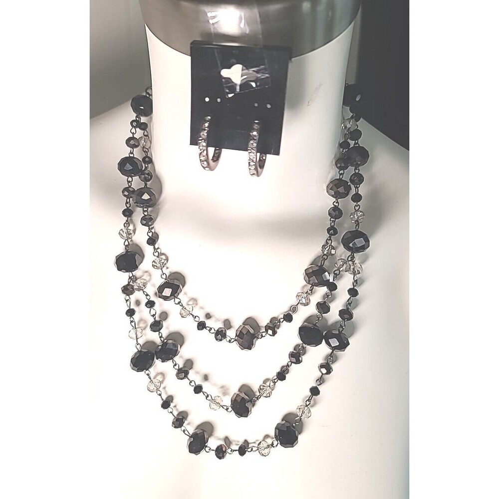 Vintage Black & Crystal Beaded Silvertone Necklace & Earrings Jewelry Set